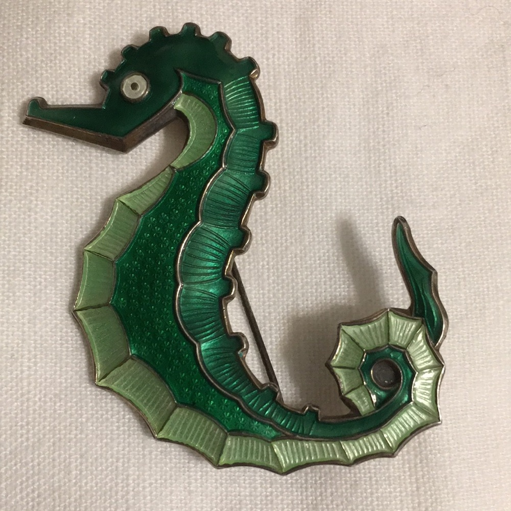 Vintage David-Andersen 925 Sterling/Enamel Green Seahorse Pin